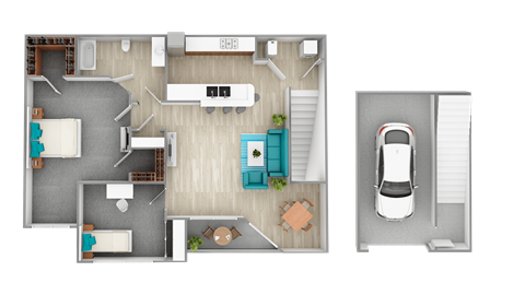 Floor plan for 2 beds, 1 bath, 953 sqft